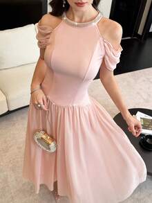 Modelyn Đầm dài đính cườm hở vai thanh lịch, đầm cổ yếm dịu dàng dành cho phụ nữ. - Hồng - Xem 5