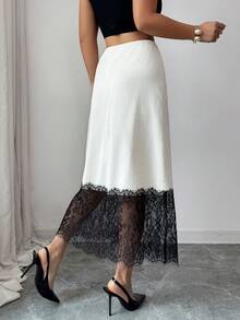 SHEIN Elenzya 2026新款优雅修身蕾丝拼接半身裙，简约春夏女装，不对称蕾丝下摆撞色蕾丝裙，适合外出、约会、正式场合、音乐节、婚礼等场合。 - 彩色 - 查看 2