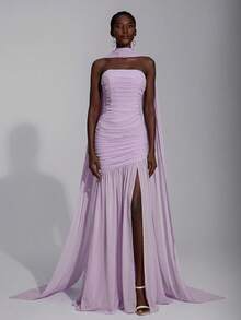 Elegant Minimalist Chiffon Halter Neck Dress (Detachable Sequins), Pleated Bust, Mesh Fishtail Hem, Suitable For Dates, Vacations, Weddings, Bridesmaid Events - Mauve Purple - View 4