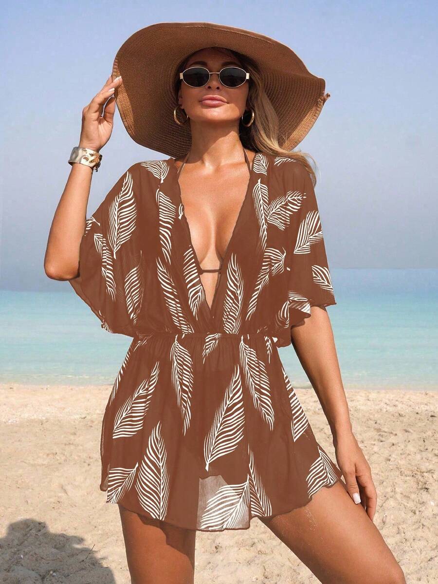 Swim Lushoire 1 buah Baju Penutup Tubuh Wanita Berbahan Jala dengan Motif Daun, Pakaian Kasual untuk Pantai, Kolam Renang, dan Resor, Musim Semi/Panas - Coffee Brown - View 1