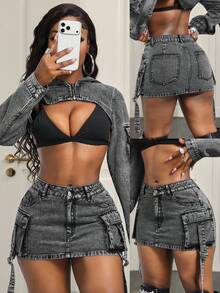 BamGleam Chân váy ngắn denim thời trang thường ngày dành cho nữ - Xám - Xem 1