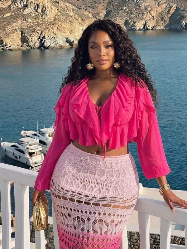Slaydiva Spring/Summer New Arrival, Suitable For Vacation, Daily Wear, Viral Hit, Summer Holiday, Music Festival, Easter, Vacation, Beach, Sexy, Romantic French Style, Hotel Resort, Solid Fuchsia Ruffle Splice Chest Tie-Front Long Sleeve Cropped Plus Size Blouse