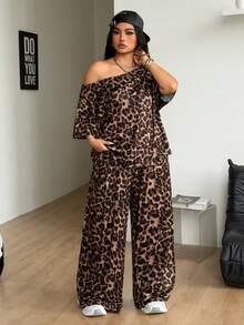 Coolane 女士大码春夏简约街头风日常休闲运动舒适露肩T恤和阔腿运动裤两件套 - 棕色 - 查看 6