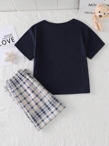 Young BoyKorean Style Casual Cute Plaid Bear Graphic Pocket Tee & All-Over Bear Print Pants Pajama Set - Royal Blue - View 2