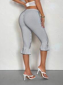 SHEIN PETITE 女士休闲条纹印花七分裤 - 黑與白 - 查看 9