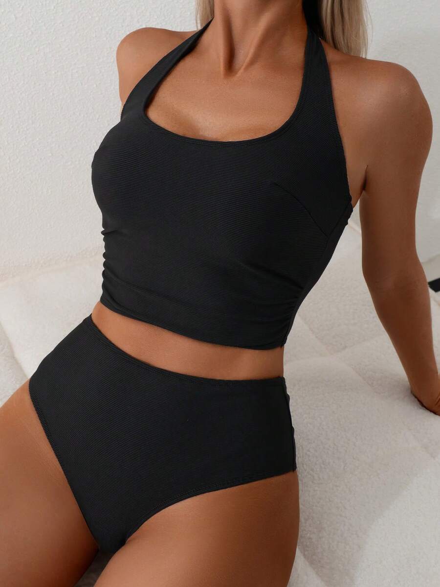 Swim Lushoire Women's Black Summer Casual Swimwear Set,Solid Color Spaghetti Strap Tie Top & Triangle Bikini Bottom,Tummy Control Beach Party Holiday Wear - Black - View 1