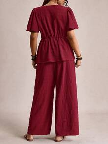 Freevana Plus Size Women's Solid V-Neck Ruched Short Sleeve Top And Wide Leg Pants Casual 2-Piece Set - Burgundy - View 3