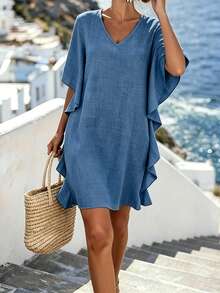 GlowEve CURVE Women's Plus-Size Dark Blue Loose-Fitting Straight-Cut Dress,Summer Casual Beach Holiday V-Neck Ruffled Puff Sleeves Simple Versatile Resort Look - Blue - View 4