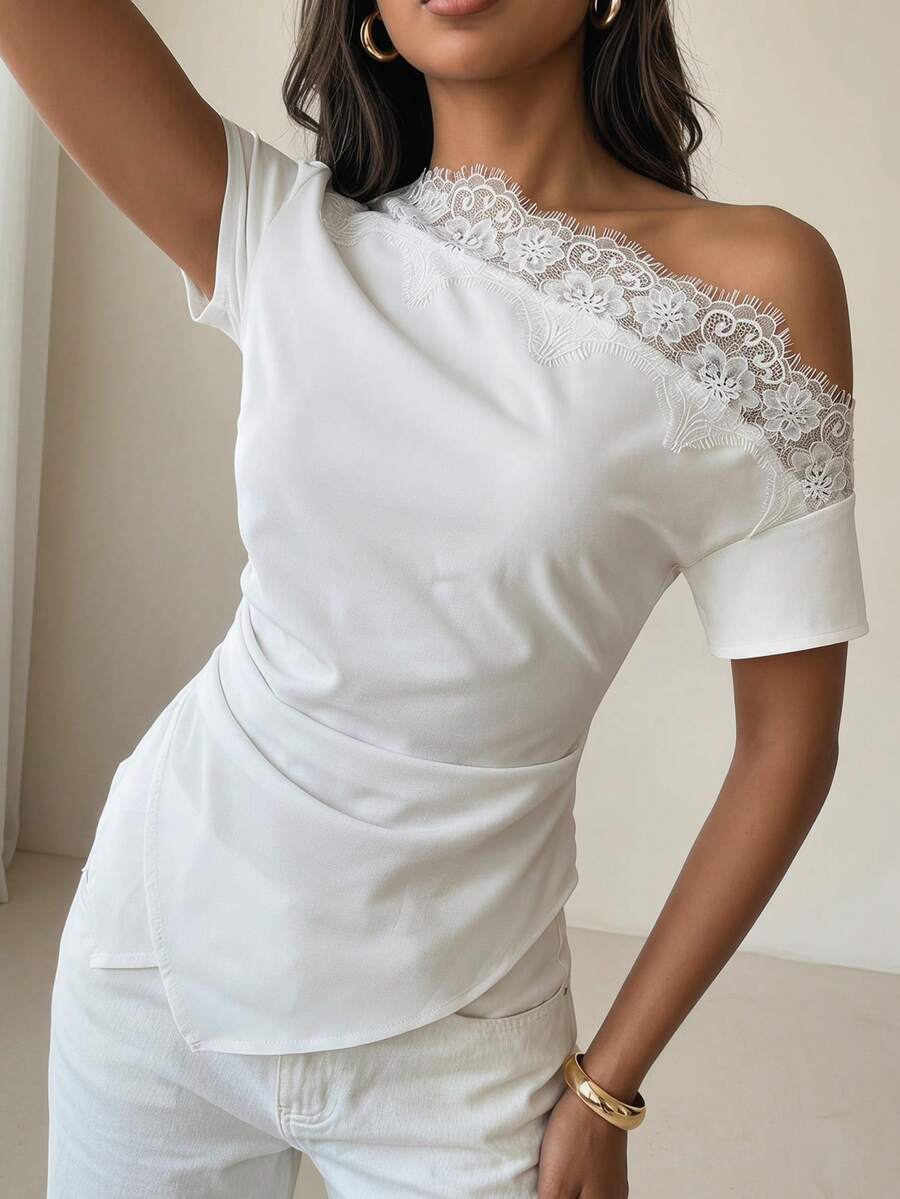 Aloruh 女款白色夏季優雅茶會蕾絲拼接荷葉邊露肩上衣,適合音樂節、度假、上班、商務休閒、婚禮 - 白色 - 查看 1