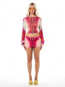 SUMWON WOMEN Vibrant Polka Dot Mesh Mini Skirt With Bodycon Fit And Pink Polka Dot Circular Print Design Rave Summer Y2k - Multicolor - View 4