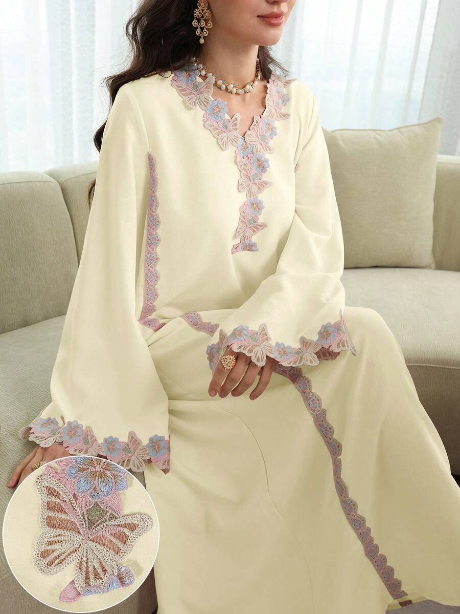 Yasmyna V-Neck Embroidered Applique Pink Relaxed Casual Long Sleeve Flared Elegant Robe - Apricot - View 1