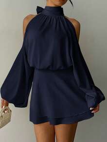 Aloruh Women's New Arrival Solid Color Long Sleeve Mini Dress, Lantern Design A-Line Party Night Out Date Afternoon Tea Autumn/Winter Navy Blue Elegant - Navy Blue - View 4