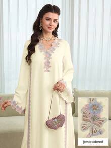 Yasmyna V-Neck Embroidered Applique Pink Relaxed Casual Long Sleeve Flared Elegant Robe - Apricot - View 3