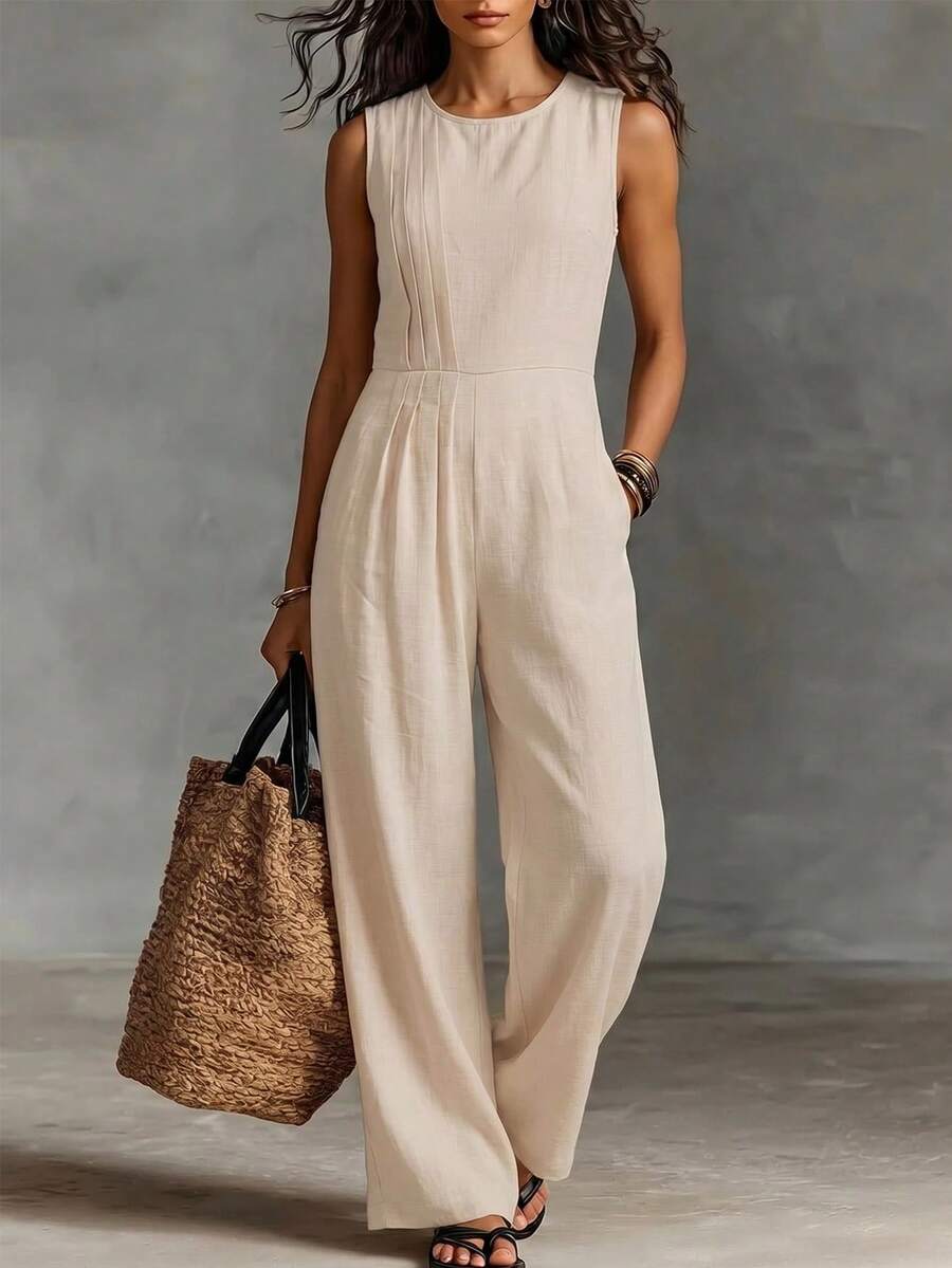 SHEIN Holidaya Bộ jumpsuit không tay màu be có họa tiết, eo xếp ly bên hông + ống rộng, kiểu dáng tối giản phù hợp cho công sở. - Màu be - Xem 1