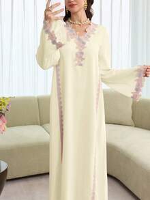 Yasmyna V-Neck Embroidered Applique Pink Relaxed Casual Long Sleeve Flared Elegant Robe - Apricot - View 7