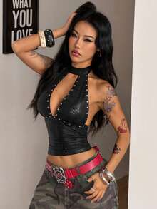 Coolane Women's Spring Streetwear Rave Outfit Party Hippie Punk Y2K Rivet Stretchy Black Halter Top - Black - View 3