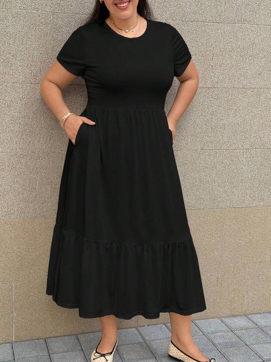 SHEIN EZwear 大码女式薄纱短袖纯色口袋休闲连衣裙 - 黑色 - 查看 1