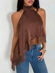 SHEIN PETITE Women's Lace Patchwork Halter Backless Sexy Versatile Top For Dates & Outings,Summer Top ,Petite Women - Coffee Brown - View 6