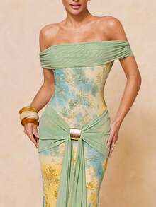 Lumalex Vestido de sirena elegante y sexy para vacaciones con diseño ajustado de cintura, hombros descubiertos y decoración de hebilla metálica, primavera/verano - Multicolor - Ver 3