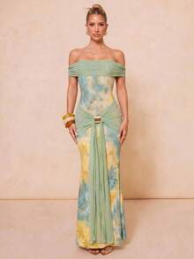 Lumalex Vestido de sirena elegante y sexy para vacaciones con diseño ajustado de cintura, hombros descubiertos y decoración de hebilla metálica, primavera/verano - Multicolor - Ver 6