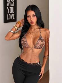 Coolane Trang phục đi nghỉ mát mùa xuân/hè gợi cảm phong cách Y2K dành cho nữ, áo bikini màu nâu đính hạt họa tiết da báo và hạt cườm. - Nhiều màu - Xem 2