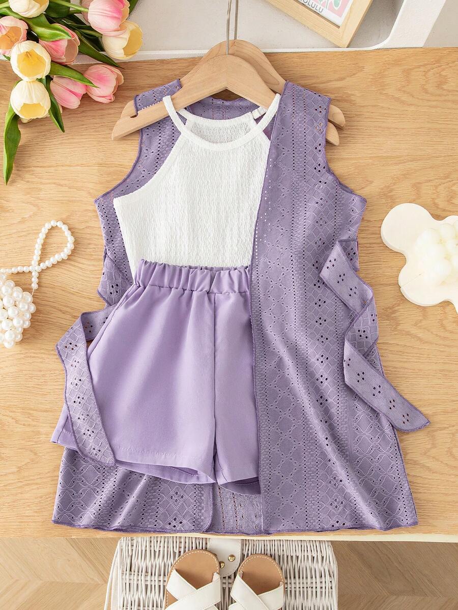 SHEIN Elladie kids 女童夏季新款简约吊带露脐背心,休闲直筒白色短裤,无袖针织提花薄外套(带腰带装饰),三件套舒适休闲时尚套装 - 紫色 - 查看 1