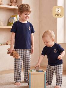 Young BoyKorean Style Casual Cute Plaid Bear Graphic Pocket Tee & All-Over Bear Print Pants Pajama Set - Royal Blue - View 1