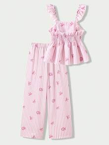SHEIN Casuvi Kids 女童休闲度假黄色修身吊带背心，夏季上衣，柔软修身，时尚设计，适合度假、旅行、校园、日常穿着 - 粉色 - 查看 2