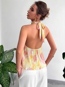 Aloruh Blouse à col ras-du-cou froncée à imprimé floral, style vacances pour femmes - Jaune clair - Voir 2