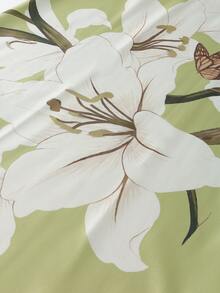 SHEIN Franclia 绿色百合印花高腰百褶长裙，飘逸垂坠，新款中国风长裙 - 綠色 - 查看 5