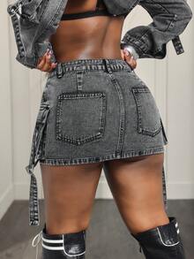 BamGleam Chân váy ngắn denim thời trang thường ngày dành cho nữ - Xám - Xem 2