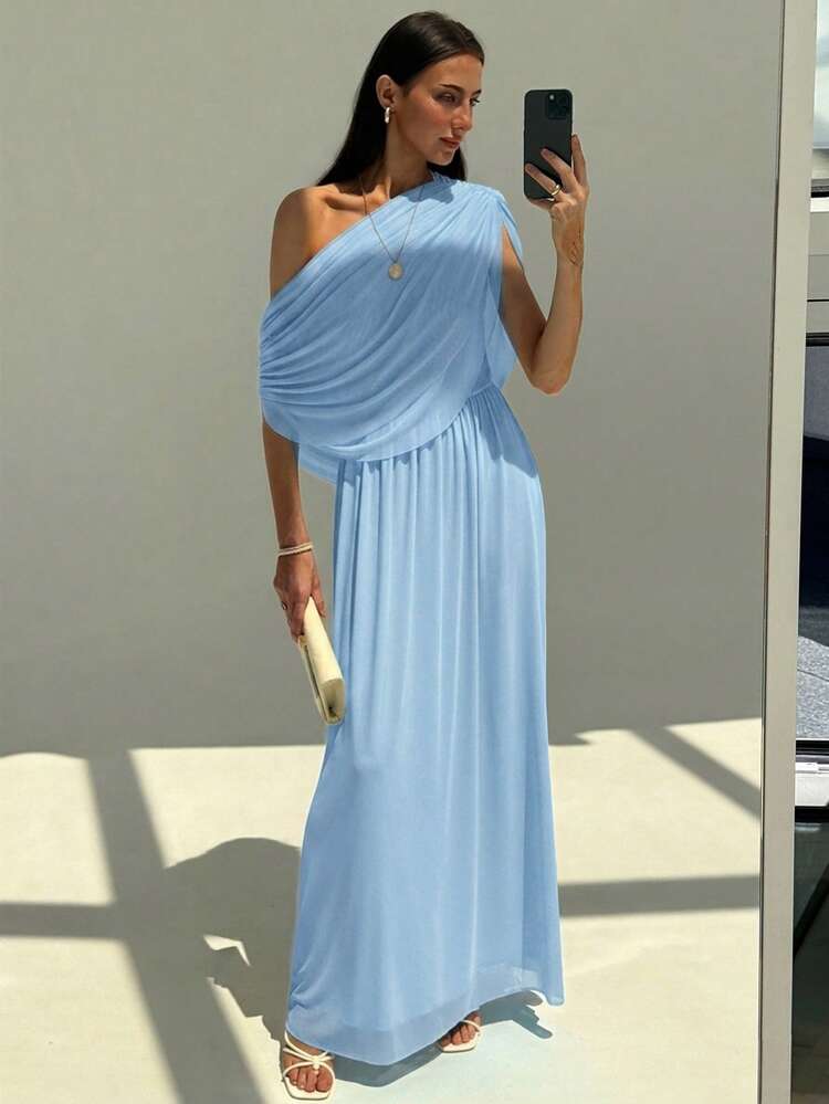 Aloruh Draped Shoulder Ruffle Decor Slim Fit Extra Long Flowy Maxi Dress,Light Blue Summer Elegant Vacation Wedding Guest Cocktail Holiday Party Lightweight - Baby Blue - View 7