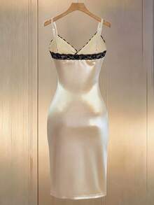 Champagne Gold Satin Lace Trim V-Neck Sleeveless Bodycon Camisole Dress - Champagne - View 2