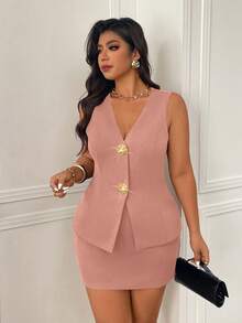 Femmeverse Plus Size Women Solid Color Metal Single-Breasted Top And Mini Skirt Casual Vacation Set - Pink - View 6