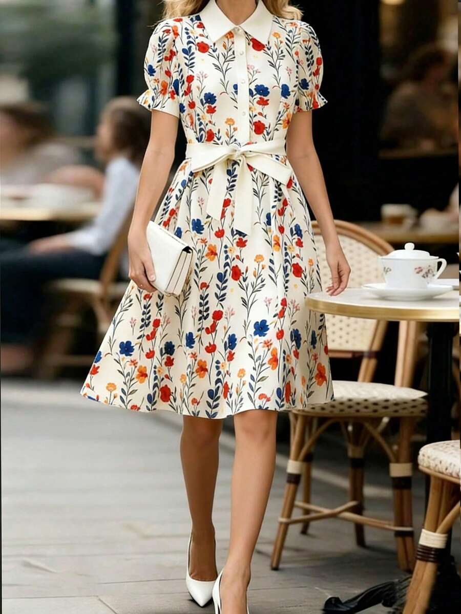 SHEIN 女款花卉印花洋裝、女款領口泡泡袖洋裝、女款收腰洋裝 - 彩色 - 查看 1