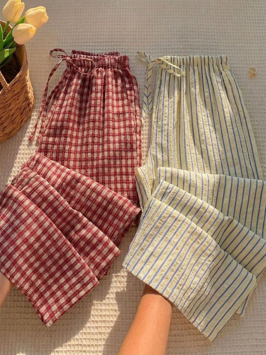 Comfortcana 2 chiếc quần ống rộng kẻ caro và sọc, quần kẻ caro phong cách lễ hội âm nhạc, quần dệt sọc kem có dây rút, quần kẻ caro đỏ, quần sọc kem, quần nữ mùa hè, quần nữ mùa xuân hè - Nhiều màu - Xem 1