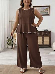 SHEIN LUNE Ensemble 2 pièces pour femmes grande taille marron chocolat, Fête des Mères, style décontracté chic d'été pour tous les jours, débardeur à col rond avec volants & pantalon imprimé ample à jambes larges - Tabac - Voir 4