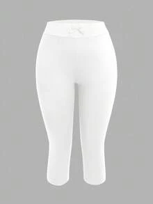 SHEIN EZwear Phong cách tối giản thường ngày, dễ phối đồ, điểm nhấn là chiếc nơ xinh xắn, phù hợp cho bãi biển, kỳ nghỉ, trang phục mùa hè cho nữ, 2 chiếc quần legging lửng ôm sát màu đen và xám cho nữ mùa hè - Nhiều màu - Xem 4