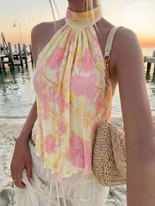 Aloruh Blouse à col ras-du-cou froncée à imprimé floral, style vacances pour femmes - Jaune clair - Voir 1