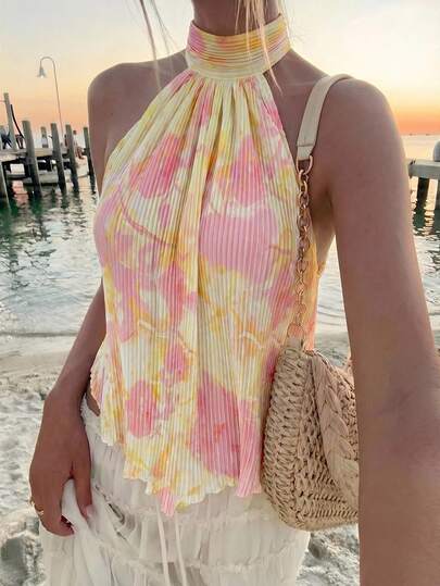 Aloruh Women's Floral Print Ruched Halter Neck Blouse, Vacation Style,Summer Top