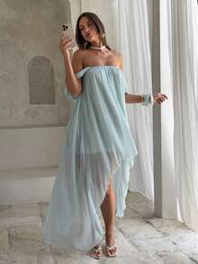 Aloruh Đầm maxi dáng xòe trễ vai phong cách bohemian thanh lịch dành cho nữ, đầm chiffon màu xanh dương trơn lãng mạn. - Màu xanh lam - Xem 6