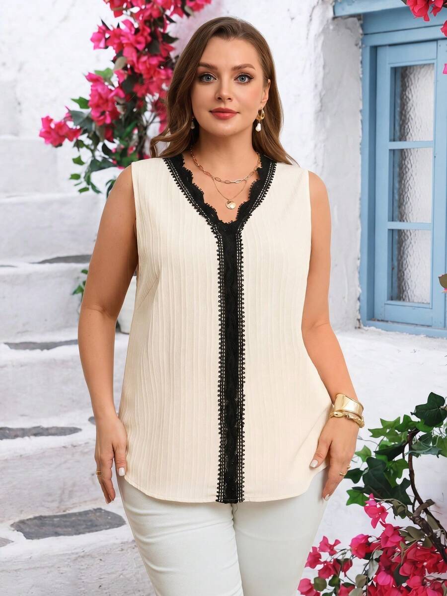 EMERY ROSE Plus Size Summer Casual Contrast Color Strap Tank Top Gym Brown - White - View 1