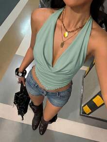 Aloruh Women's Solid Color Halter Rivet Decor Casual Versatile Daily Wear Top,Summer Top - Teal Blue - View 3