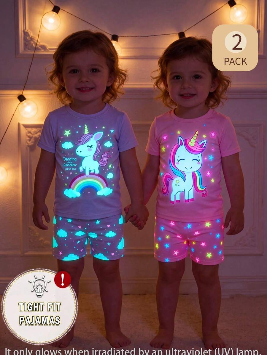 Young Girl' Navy Blue Cute Unicorn Print Short Sleeve Shorts 2 Pieces Pajama Set - Mauve Purple - View 1