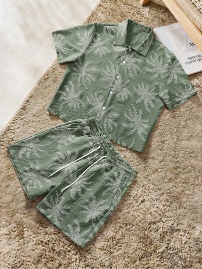 STYNVO Men's Retro Vacation Palm Tree Print Shirt And Shorts Casual Set
