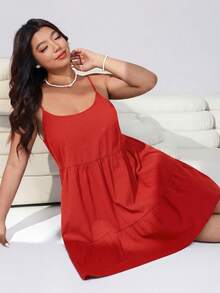 Solflare Red Plus Size Women's Ruffle Hem Spaghetti Strap Spring/Summer Dress - Red - View 5