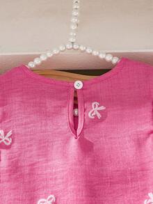 Elladie kids 2pcs/Set Tenue d'été assortie pour filles en bas âge, rose clair, pour vacances en famille, chemise à col rond avec nœud papillon, broderie, imprimé, manches volantées et ourlet à volants & short - Rose vif - Voir 7