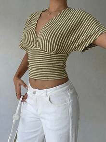 Aloruh Áo thun nữ cổ chữ V kẻ sọc, kiểu dáng thường ngày, đa năng. - xanh quân đội - Xem 6