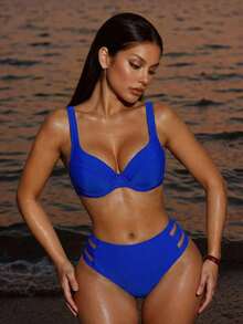 SHEIN Swim Solid Color Bikini Set, Underwire High Waisted Two Pieces Swimwear Bathing Suit Beach Outfit Summer Vacation,Summer Beach - Royal Blue - View 3