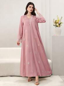 Yasmyna Robe longue à manches longues, évasée et élégante avec ourlet brodé pour femmes - Rose bonbon - Voir 6